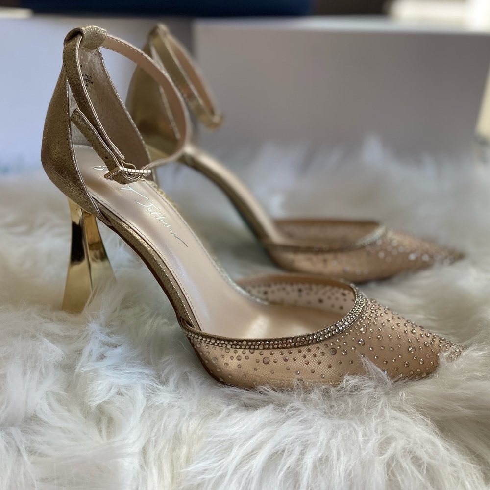 Blue by Betsey Johnson Gold Rhinestone Pointed Toe Pumps - Picture 9 of 12